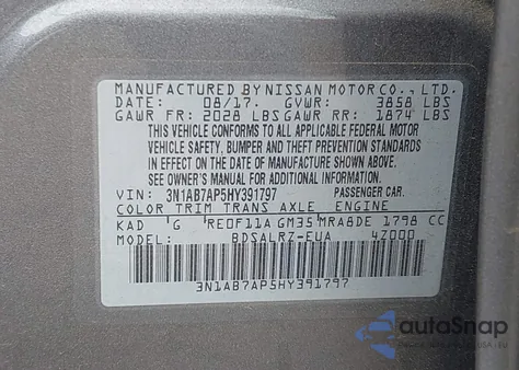 2017 Nissan Sentra Sr из США, поврежденный, VIN 3N1AB7AP5HY391797